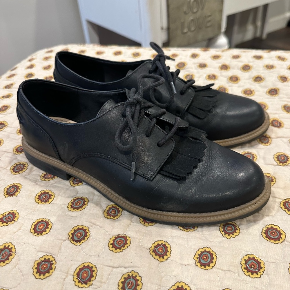 Clarks Griffin Mabel Black Leather Lace Up Fringe Oxfords Size 7